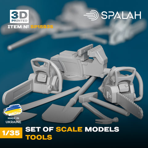 Set of scale models "Tools: a shovel, a vice, a chainsaw with and without a cover, a hammer, a sledgehammer and an ax", (7 pcs.). 1/35