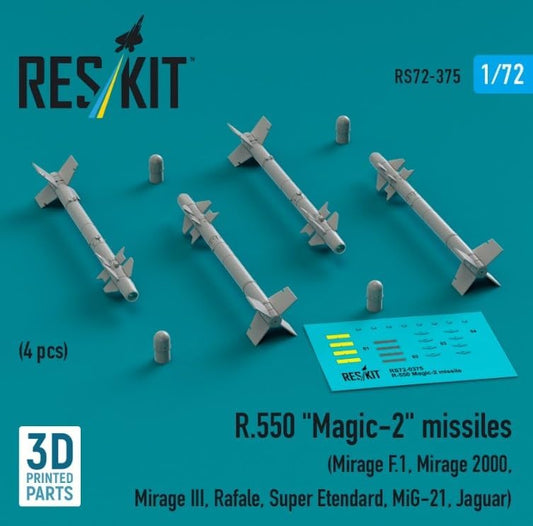 R.550 "Magic-2" missiles (4 pcs) (Mirage F.1, Mirage 2000, Mirage III, Rafale, Super Etendard, MiG-21, Jaguar) (3D Printed) (1/72)