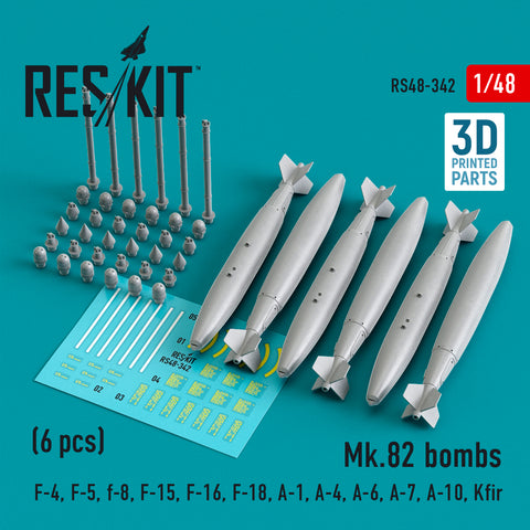 Mk.82 bombs (6 pcs) (F-4, F-5, F-8, F-15, F-16, F-18, A-1, A-4, A-6, A-7, A-10, Kfir) (3D Printed) (1/48)