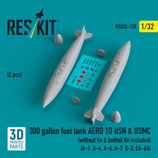 300 gallon fuel tank AERO 1D USN & USMC (2 pcs) (without fin & bobtail fin included) (3D Printed) (1/32)