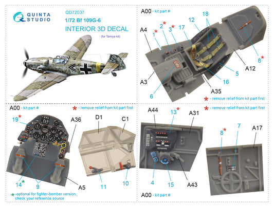 Bf 109 G-6 3D-Printed & coloured Interior on decal paper (Tamiya)